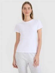4F T-shirt slim z nadrukiem damski - biały XL. Białe t-shirty 4f, xl, bez wzorów, z bawełny, bez kołnierzyka, bez ramiączek. Za 49.99 zł.