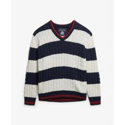 Sweter oversize w prążki z dekoltem V dla kobiet Superdry. Niebieskie swetry Superdry, na zimę, bez wzorów, bez ramiączek. Za 327.70 zł.