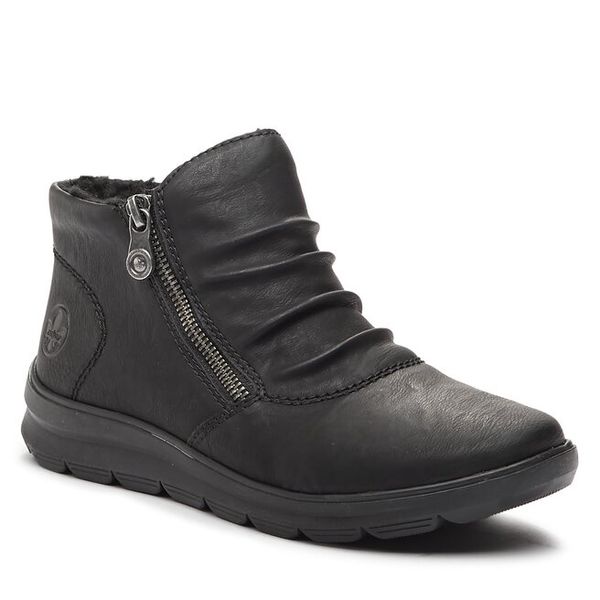 Trzewiki Rieker. Czarne botki Rieker, bez wzorów, bez obcasa, na płaskiej podeszwie, bez zapięcia. Za 237.99 zł.