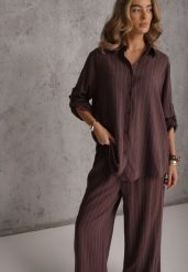 Brązowy Komplet z Wiskozy i Lnu w Delikatne Prążki Koszula i Spodnie Wide Leg Cliffesa. Brązowe koszule Renee, l, bez wzorów, ze lnu, bez kołnierzyka, bez ramiączek. Za 209.99 zł.
