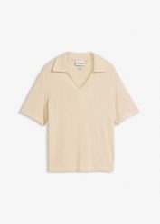 Koszulka polo w optyce dzianiny. Brązowe bluzki bonprix, bez wzorów, z dzianiny, bez kołnierzyka, bez ramiączek. Za 94.99 zł.