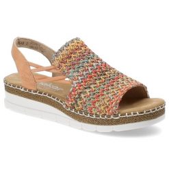 Beżowe Sandały Rieker Stylowe Obuwie Damskie. Brązowe sandały Rieker, bez wzorów, eleganckie, bez obcasa, na koturnie, bez zapięcia. Za 287.90 zł.
