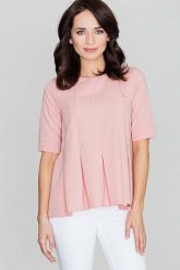 Elegancka Różowa Bluzka z Kontrafałdami z Przodu. Czerwone bluzki Katrus, m, bez wzorów, z materiału, eleganckie, bez kołnierzyka, bez ramiączek. Za 199.00 zł.
