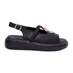 Skórzane Eleganckie Sandały Damskie S.Barski GR51-603 Czarne. Czarne sandały bez wzorów, ze skóry, eleganckie, bez obcasa, na koturnie, bez zapięcia. Za 257.10 zł.