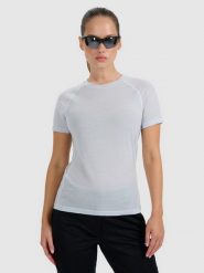 4F Koszulka trekkingowa z wełną merino damska - niebieska L. Niebieskie bluzki 4f, l, bez wzorów, z wełny, bez kołnierzyka, bez ramiączek. W wyprzedaży za 169.99 zł.