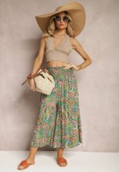 Zielone Spodnie Culottes z Bawełnianej Tkaniny Ozdobione Wzorem Paisley Gwinamas. Zielone spodnie materiałowe Renee, do pracy, l, bez wzorów, z bawełny. W wyprzedaży za 34.99 zł.