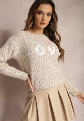 Beżowy Sweter z Ozdobnym Napisem Wykończony Ściągaczami Minisoji. Brązowe swetry Renee, l, bez wzorów, z elastanu, bez ramiączek. Za 99.99 zł.
