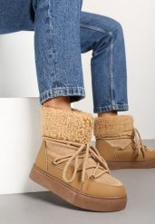 Brązowe Śniegowce Futerkowe na Platformie ze Sznurowaną Cholewką Izalithia. Brązowe trapery i śniegowce Renee, z futra. Za 99.99 zł.