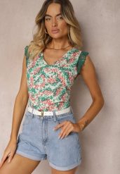 Zielony Top Ozdobiony Koronką Przy Ramionach z Wiskozy Lrivia. Zielone topy Renee, m, bez wzorów, z koronki, bez kołnierzyka, bez ramiączek. Za 39.99 zł.