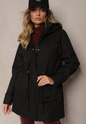 Czarna Kurtka Pikowana w Stylu Parki ze Ściągaczem w Talii i Odpinanym Kapturem Erivieria. Czarne kurtki Renee, l, bez wzorów, z jeansu, z kapturem. Za 274.99 zł.