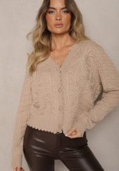 Beżowy Kardigan w Stylu Oversize z Guzikami i Ozdobnymi Tłoczeniami Palabia. Brązowe kardigany Renee, bez wzorów. Za 159.99 zł.