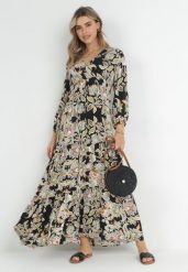 Czarno-Beżowa Rozkloszowana Sukienka Oversize w Kwiaty Kylia. Czarne sukienki Born2be, l, bez wzorów, bez kołnierzyka, bez ramiączek, maxi, oversize. Za 74.99 zł.