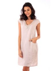 Lin Passion Lniana sukienka w kolorze beżowym rozmiar: 36/38. Brązowe sukienki Lin Passion, z aplikacjami, klasyczne, bez kołnierzyka, bez ramiączek, midi, rozkloszowane. Za 130.99 zł.