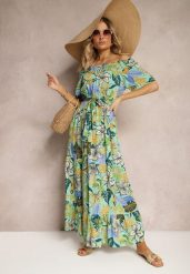 Zielono-Niebieska Wiskozowa Sukienka o Rozkloszowanym Kroju z Paskiem w Talii w Kwiatowy Print Rosubia. Zielone sukienki Renee, na lato, l, bez wzorów, z tkaniny, bez kołnierzyka, bez ramiączek, maxi, rozkloszowane. Za 69.99 zł.