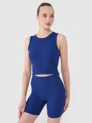 4F Crop top dzianinowy damski - granatowy M. Niebieskie topy 4f, m, bez wzorów, z bawełny, bez kołnierzyka, bez ramiączek. W wyprzedaży za 19.99 zł.