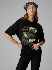 4F T-shirt loose z nadrukiem damski - czarny M. Czarne t-shirty 4f, m, bez wzorów, z dzianiny, bez kołnierzyka, bez ramiączek. Za 79.99 zł.