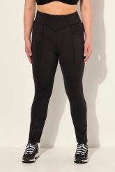 Damskie Legginsy sportowe z prostymi nogawkami szybkoschnące z recyklingu. Czarne legginsy sportowe Ulla Popken, plus size, bez wzorów, z elastanu, z podwyższonym stanem. Za 239.99 zł.