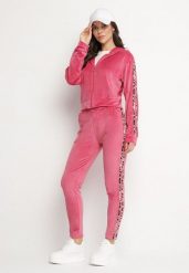Fuksjowy Welurowy Komplet Dresowy z Lampasem w Panterkę Spodnie i Bluza Elliorielle. Czerwone bluzy Born2be, l, bez wzorów, z dresówki, z kapturem. Za 79.99 zł.