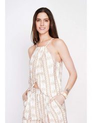 ASSUILI Top w kolorze beżowym rozmiar: 38. Brązowe topy Assuili, bez wzorów, z asymetrycznym kołnierzem, bez ramiączek. Za 65.99 zł.