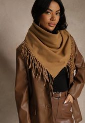 Jasnobrązowy Szalik w Kształcie Trójkąta z Frędzlami Vetifare. Brązowe szaliki Renee, bez wzorów, z jeansu, boho. Za 34.99 zł.