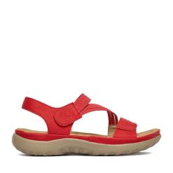 Sandały Rieker. Czerwone sandały Rieker, bez wzorów, bez obcasa, na płaskiej podeszwie, bez zapięcia. Za 319.99 zł.