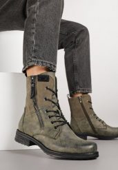 Zielone Botki w Stylu Vintage ze Sznurowaniem Vemlora. Zielone botki Renee, bez wzorów, z jeansu, bez obcasa, na płaskiej podeszwie, bez zapięcia. Za 149.99 zł.