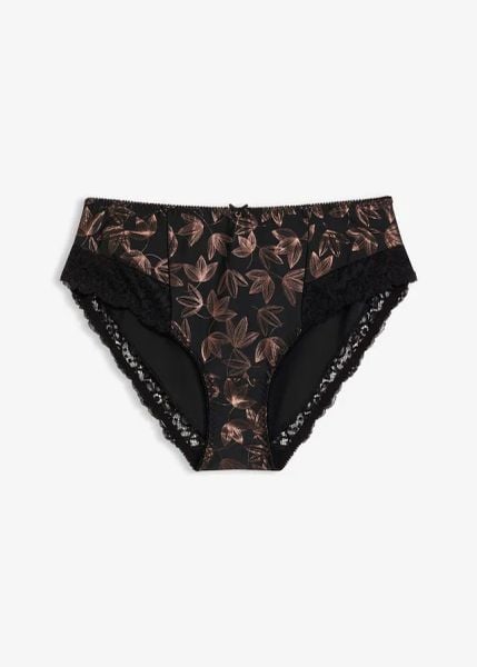 Figi maxi z błyszczącym nadrukiem. Czarne figi bonprix, bez wzorów, z koronki. Za 39.99 zł.