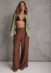 Brązowe Szerokie Spodnie Casual High Waist ze Strukturalnej Tkaniny Hyrarpia. Brązowe spodnie materiałowe Renee, na co dzień, l, bez wzorów, z jeansu, z podwyższonym stanem. Za 89.99 zł.