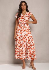 Pomarańczowa Rozkloszowana Sukienka Maxi w Kwiatowy Print z Gumką w Pasie Javiky. Brązowe sukienki Renee, na imprezę, l, bez wzorów, z materiału, bez kołnierzyka, bez ramiączek, maxi, kopertowe. Za 74.99 zł.
