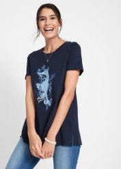 T-shirt bawełniany z nadrukiem z motywem konika morskiego. Niebieskie t-shirty bonprix, bez wzorów, z bawełny, bez kołnierzyka, bez ramiączek. Za 64.99 zł.