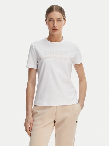 Guess T-Shirt V6GI07 K2968 Biały Regular Fit. Białe t-shirty Guess, xxs, z aplikacjami, z bawełny, bez kołnierzyka, bez ramiączek. Za 95.99 zł.