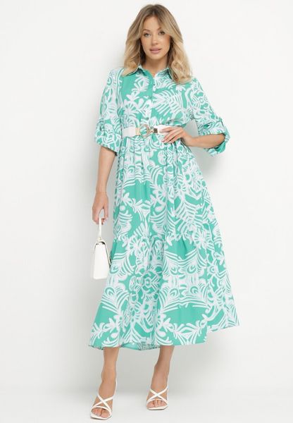 Zielona Długa Sukienka Rozkloszowana w Ornamentalny Wzór z Falbanką Ariantise. Zielone sukienki Born2be, na co dzień, na lato, m, bez wzorów, eleganckie, bez kołnierzyka, bez ramiączek, maxi, rozkloszowane. Za 49.99 zł.