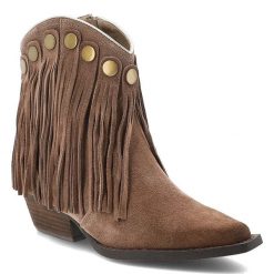 Brązowe Kowbojki Artiker Eleganckie Buty Damskie Z Frędzlami. Brązowe botki Artiker, z jeansu, ze szpiczastym noskiem, bez obcasa, na obcasie, bez zapięcia. Za 280.99 zł.
