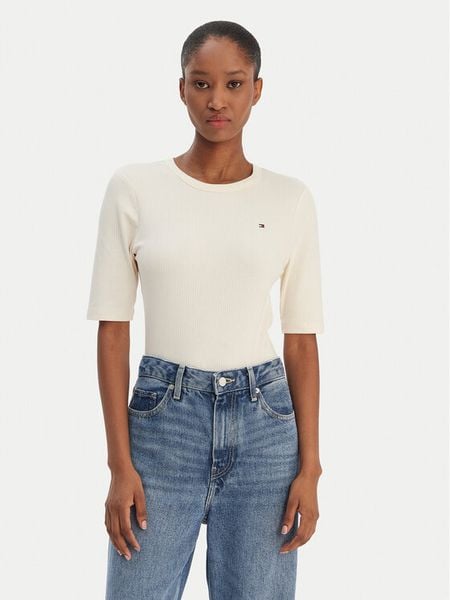 Tommy Hilfiger T-Shirt WW0WW47308 Écru Slim Fit. T-shirty TOMMY HILFIGER, s, bez wzorów, z wiskozy, bez kołnierzyka, bez ramiączek. Za 249.99 zł.