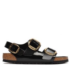 Sandały Birkenstock. Czarne sandały Birkenstock, bez wzorów, bez obcasa, na płaskiej podeszwie, bez zapięcia. Za 529.99 zł.