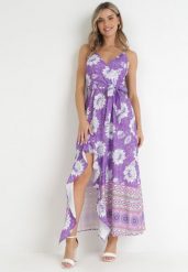 Fioletowa Sukienka Maxi na Cienkich Ramiączkach i Materiałowym Paskiem Adakila. Fioletowe sukienki Born2be, m, bez wzorów, z materiału, eleganckie, bez kołnierzyka, bez ramiączek, maxi. Za 64.99 zł.