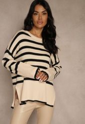 Kremowo-Czarny Sweter Oversize w Paski Kalitusa. Czarne swetry Renee, bez wzorów, z jeansu, bez ramiączek. Za 64.99 zł.