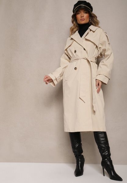 Beżowy Płaszcz Trencz o Dwurzędowym Kroju z Rozcięciem i Klapą Wiązany w Talii Valezi. Brązowe płaszcze Renee, l, bez wzorów, z dzianiny, bez kaptura. Za 179.99 zł.