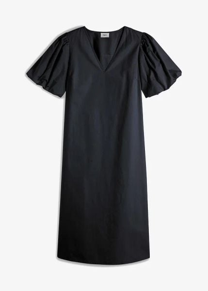 Sukienka midi z bawełny organicznej. Czarne sukienki bonprix, bez wzorów, z bawełny, bez kołnierzyka, bez ramiączek, midi. Za 59.99 zł.