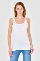 EMPORIO ARMANI Biały damski top z dżetowym logo, Rozmiar L. Białe topy Emporio Armani, l, bez wzorów, bez kołnierzyka, bez ramiączek. W wyprzedaży za 169.99 zł.