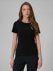 4F T-shirt slim gładki damski - czarny XL. Czarne t-shirty 4f, xl, bez wzorów, z dzianiny, bez kołnierzyka, bez ramiączek. Za 49.99 zł.