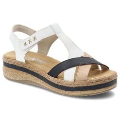 Sandały damskie Rieker, cholewka ze skóry ekologicznej paski krzyżujące się koturnowa podeszwa z plecionym akcentem, białe, V0919-81. Białe sandały Rieker, bez wzorów, ze skóry ekologicznej, eleganckie, bez obcasa, na koturnie, bez zapięcia. Za 339.00 zł.