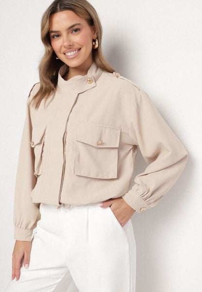 Beżowa Kurtka ze Stójką i Ozdobnymi Guzikami Ściągana w Pasie Troczkiem Basalle. Brązowe kurtki Born2be, l, bez wzorów, z jeansu, bez kaptura. Za 129.99 zł.