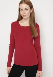 Bordowa Bluzka Typu Longsleeve z Okrągłym Dekoltem Unelessa. Czerwone bluzki Born2be, l, bez wzorów, z jeansu, eleganckie, bez kołnierzyka, bez ramiączek. Za 49.99 zł.