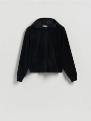 Welurowa bluza z kapturem - czarny. Czarne bluzy sportowe Reserved, l, bez wzorów, z dzianiny, z kapturem. Za 119.99 zł.