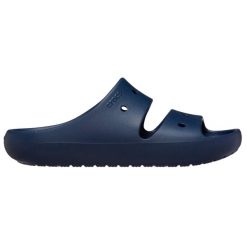 Klapki damskie Crocs Classic V2. Niebieskie klapki Crocs, bez wzorów, z materiału, bez obcasa. Za 135.99 zł.