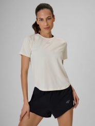 4F Koszulka treningowa regular szybkoschnąca damska - biała L. Białe bluzki 4f, l, bez wzorów, z materiału, bez kołnierzyka, bez ramiączek. Za 99.99 zł.