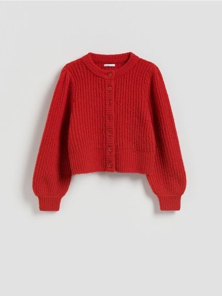 Kardigan z bufiastymi rękawami - czerwony. Czerwone kardigany Reserved, l, bez wzorów, z dzianiny. Za 139.99 zł.