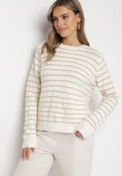 Beżowy Sweter w Paski z Cekinami i Metaliczną Nicią Iritalle. Brązowe swetry Born2be, na zimę, bez wzorów, bez ramiączek. Za 89.99 zł.