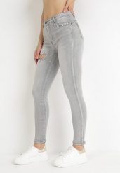 Jasnoszare Jeansy Skinny Push-Up z Cyrkoniami i Wycięciem Dialline. Szare jeansy Born2be, l, z aplikacjami. Za 139.99 zł.